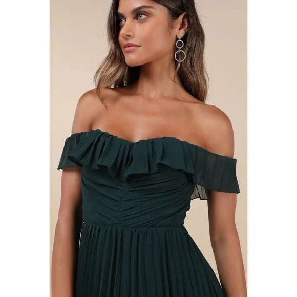 Lulus Always Remarkable Emerald Pleated Off-the-Shoulder Maxi Dress Size Small - Picture 2 of 9